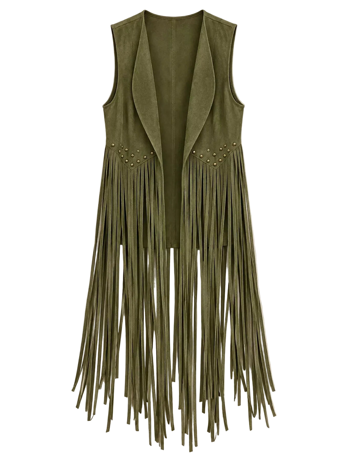An olive green suede sleeveless vest with long fringe and small gold-tone studs, displayed flat against a light beige background.