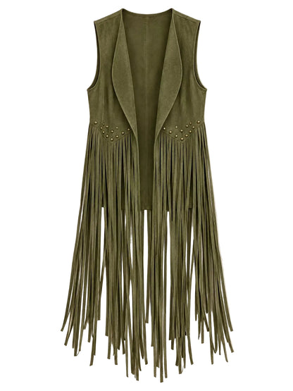 An olive green suede sleeveless vest with long fringe and small gold-tone studs, displayed flat against a light beige background.