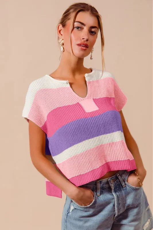 Multi Color Stripe Loose Fit Cap Sleeve Sweater Top.