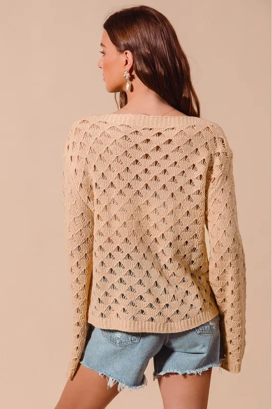 Geometric Pattern Open Knit Lightweight Sweater.