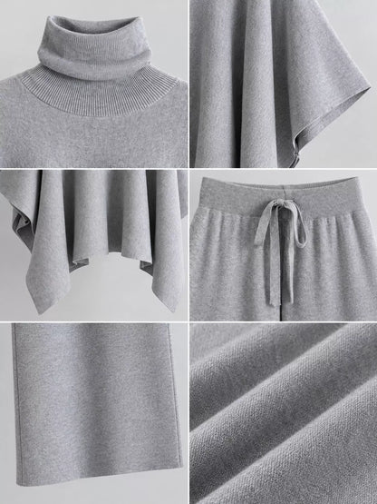 Turtleneck poncho sweater and matching wide-leg knit pants set