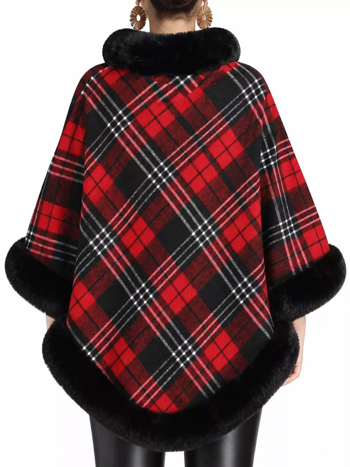 Plaid Faux Fur Trimmed Poncho Cape Outerwear