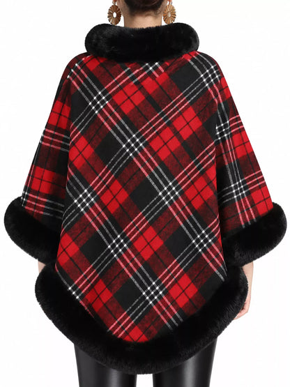 Plaid Faux Fur Trimmed Poncho Cape Outerwear