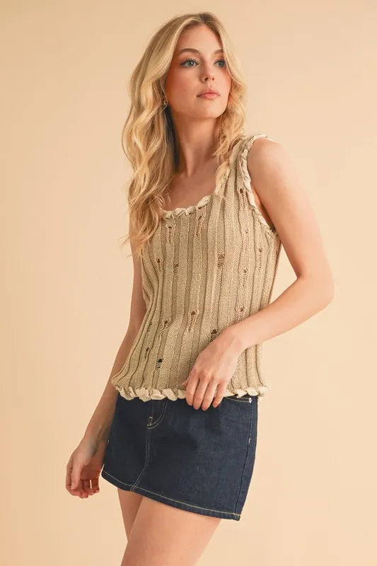 Distressed Detail Round Neck Knit Tank.