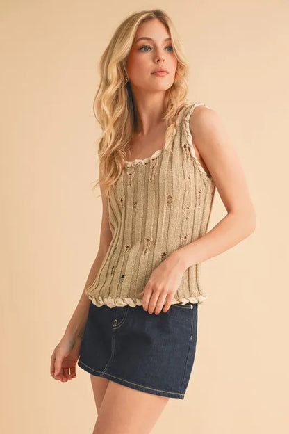 Distressed Detail Round Neck Knit Tank.