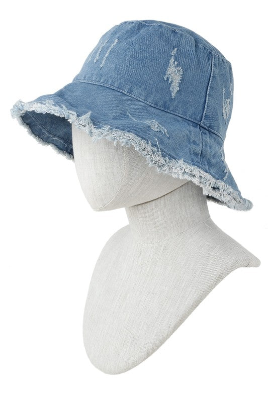 Distressed Denim Bucket Hat with Wired Brim