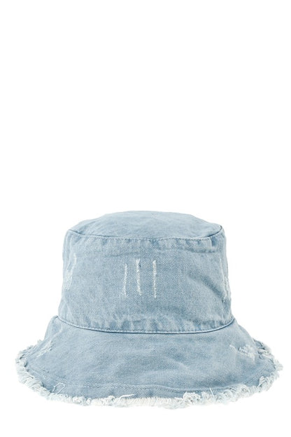 Distressed Denim Bucket Hat with Wired Brim