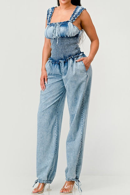 Chambray Charm Ruffled Jumpsuit