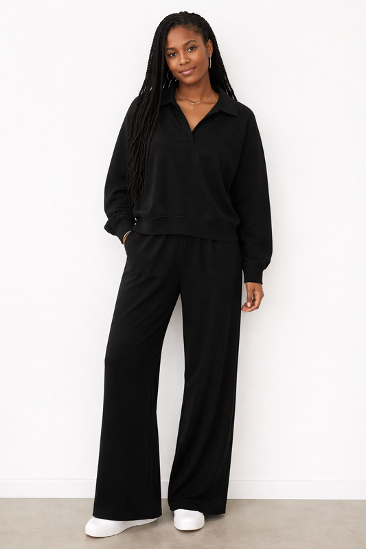 Solid Collared V-Neck Sweatshirt & Sweatpants Set