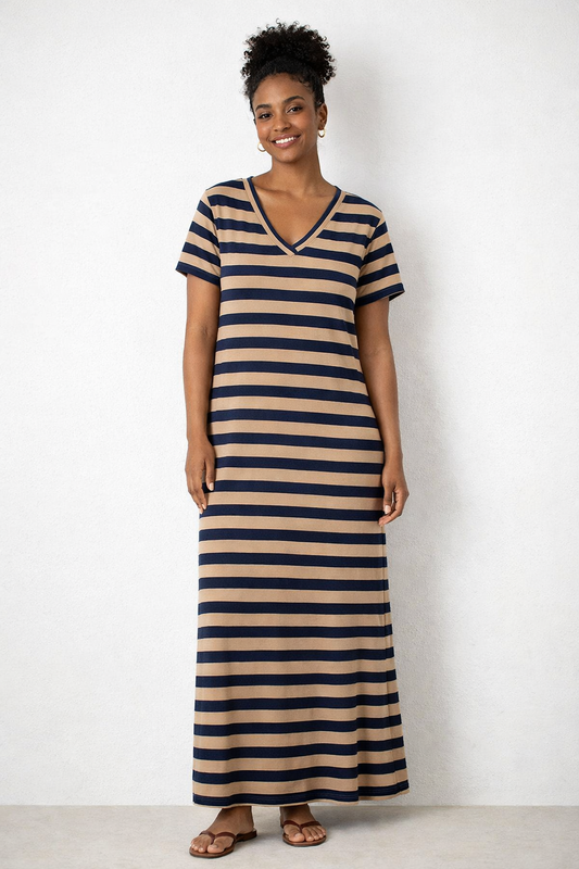 Stripe V-Neck Side Slit Maxi Dress