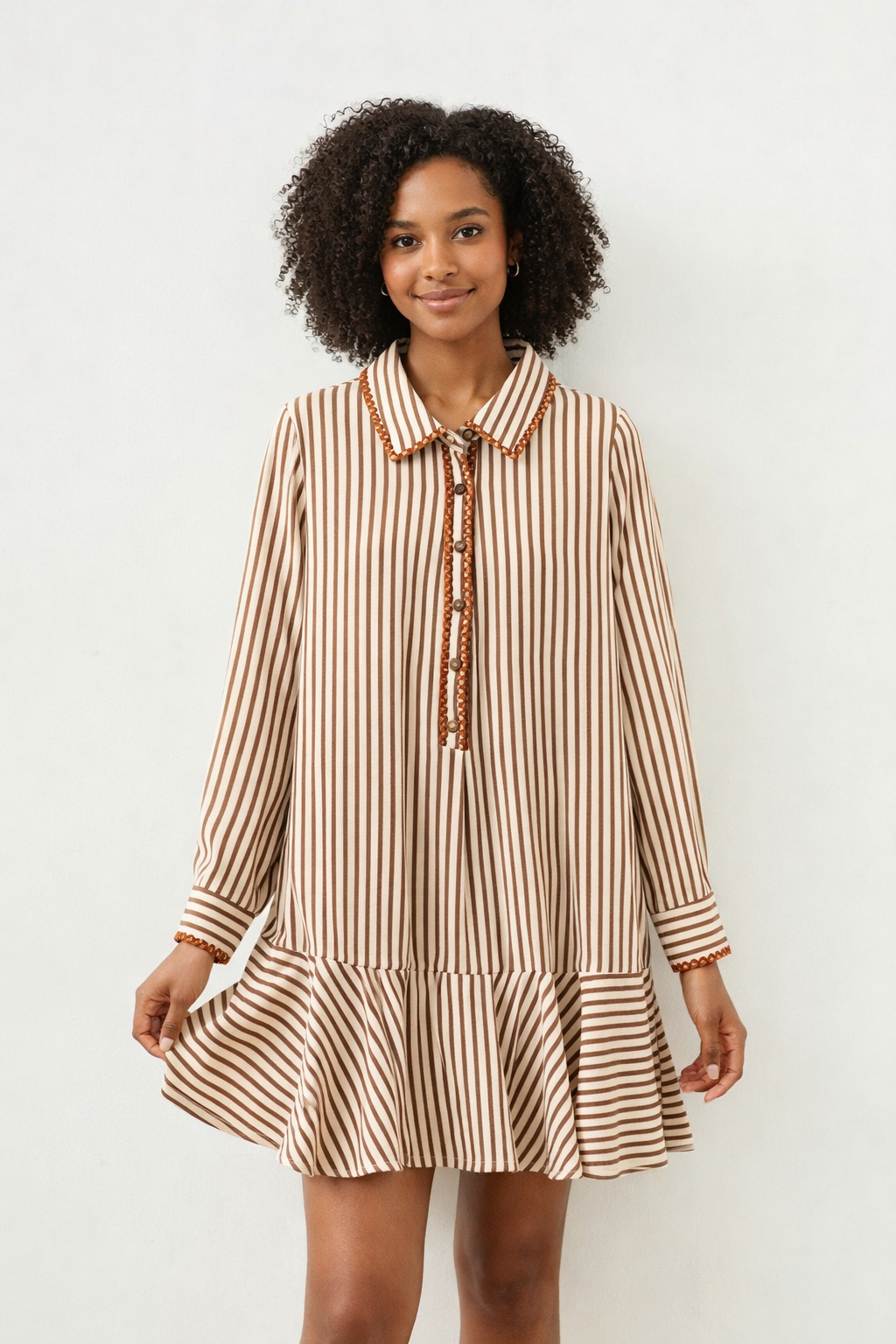 Stripe Embroidered Trim Ruffle Hem Collared Dress