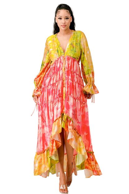 Woman wearing a colorful tie-dye dress on a white background