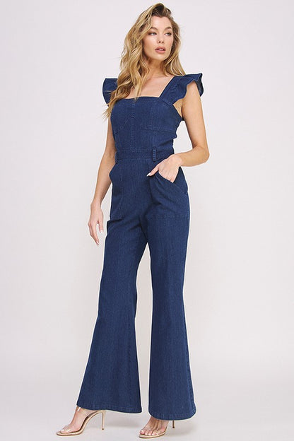 Denim Ruffle Flare Leg Jumpsuit