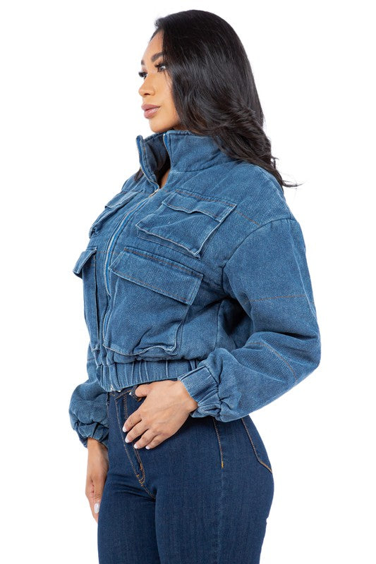 Denim Cargo Puff Jacket