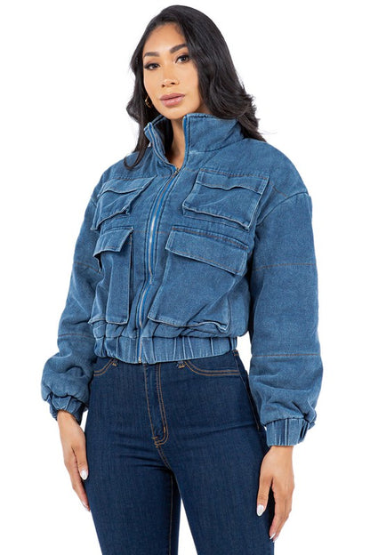 Denim Cargo Puff Jacket