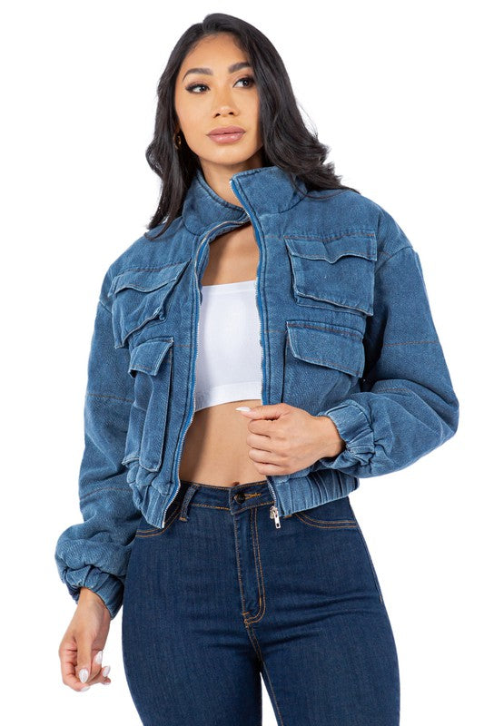 Denim Cargo Puff Jacket