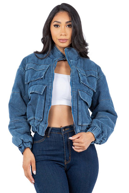 Denim Cargo Puff Jacket