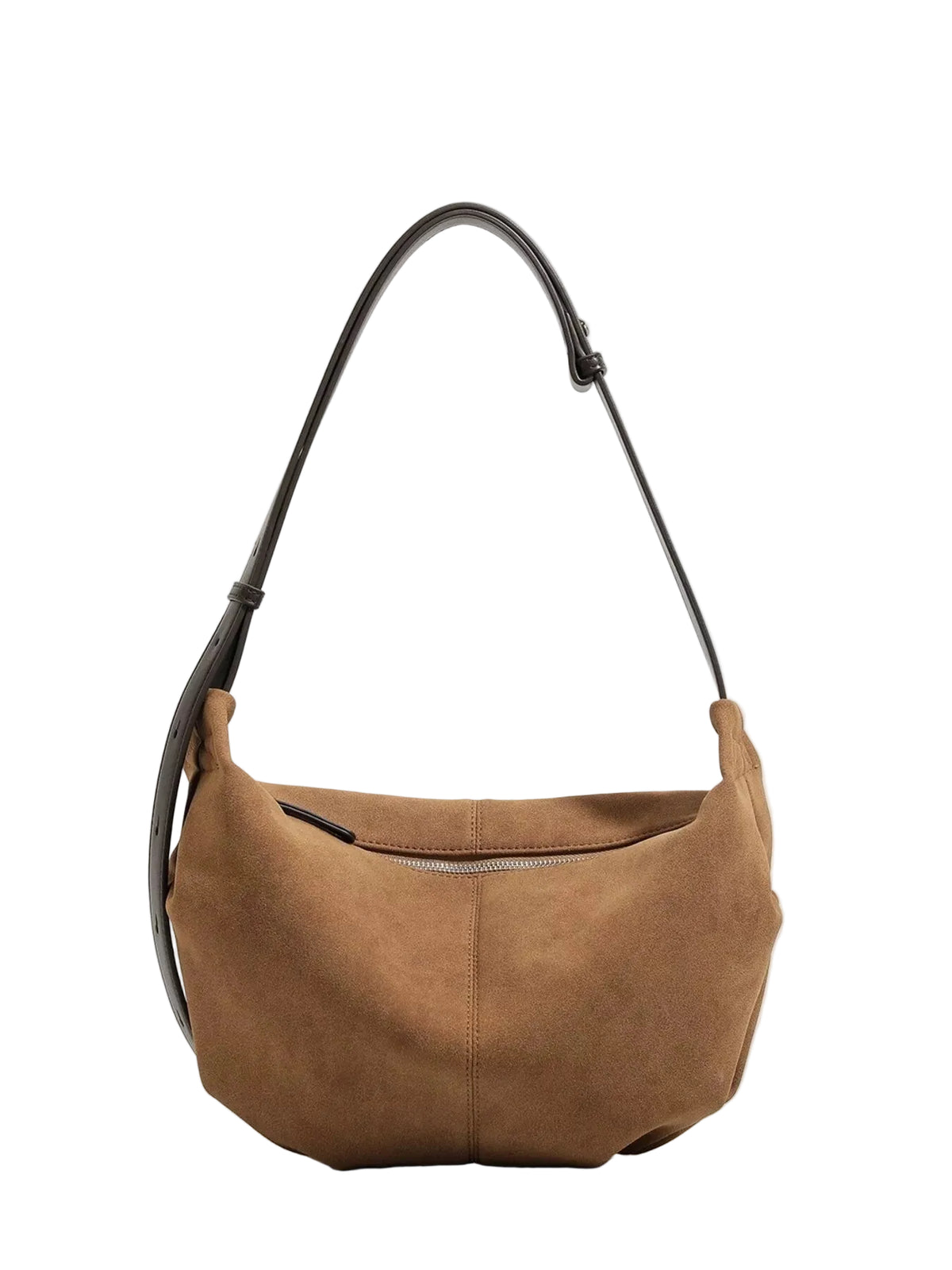 A brown suede crescent shoulder bag with a black leather strap, photographed against a clean white background.