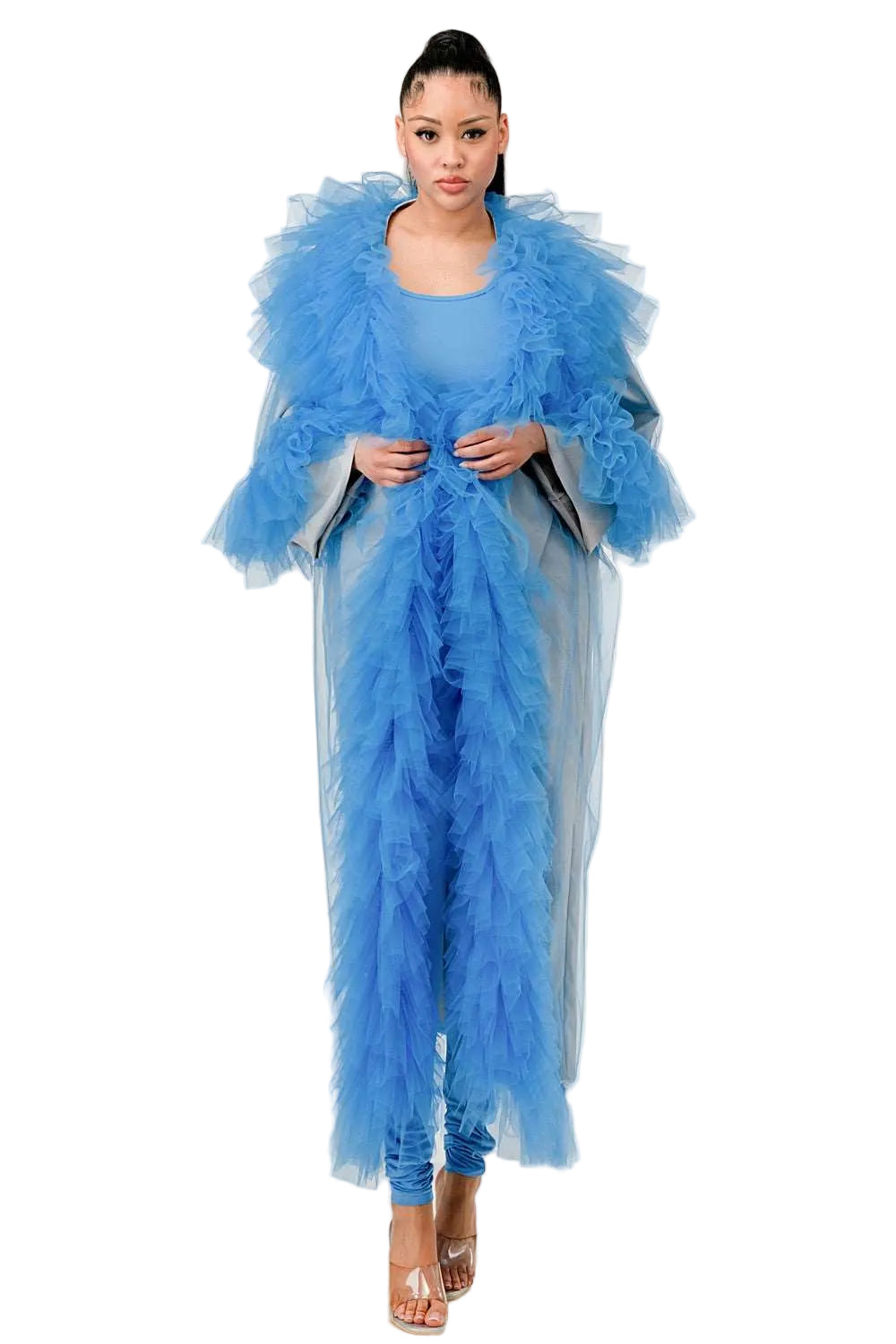 Woman wearing a blue feathered outfit on a white background