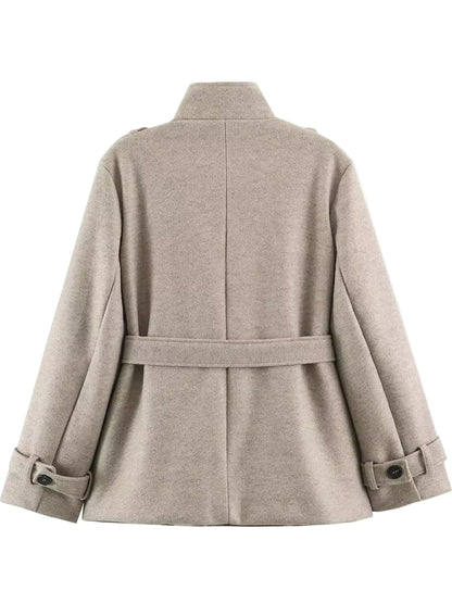 Women's beige stand-collar belted coat alternate view | KRIFFA