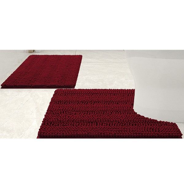 2PC Red Soft Cozy Plush Chenille Bath Mat Set