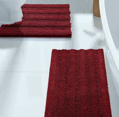 2PC Red Soft Cozy Plush Chenille Bath Mat Set