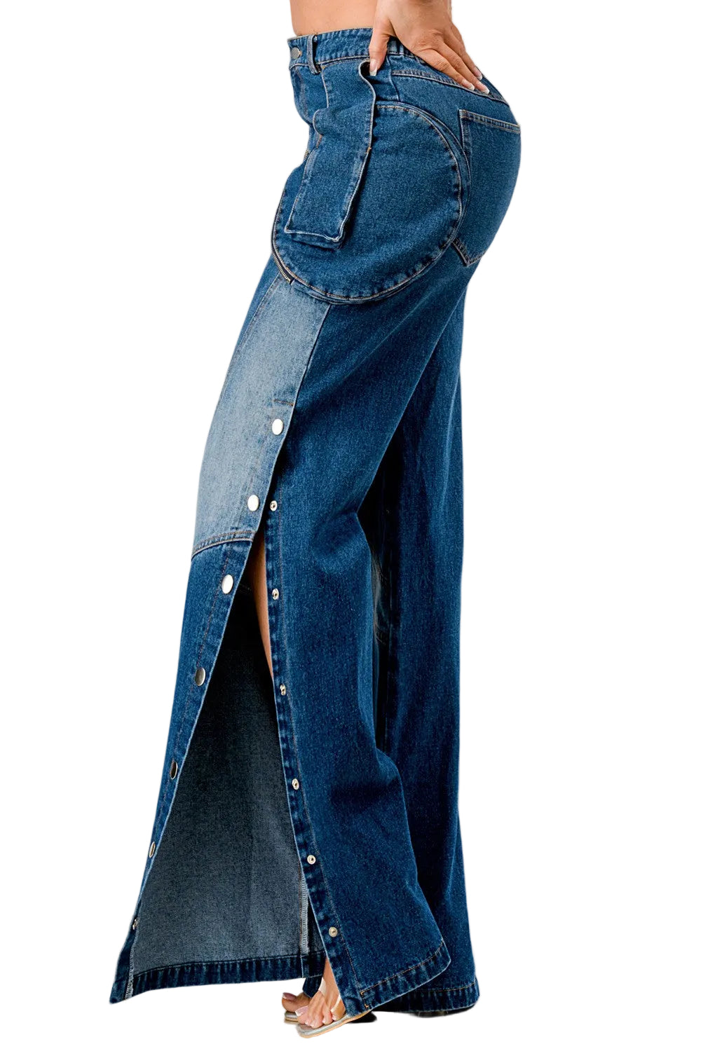 Long denim skirt with button details on a white background