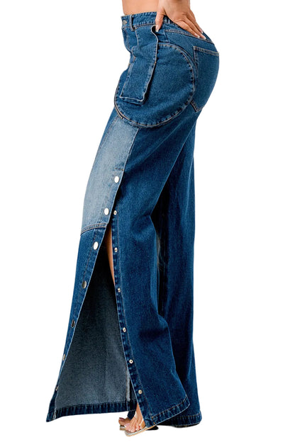 Long denim skirt with button details on a white background