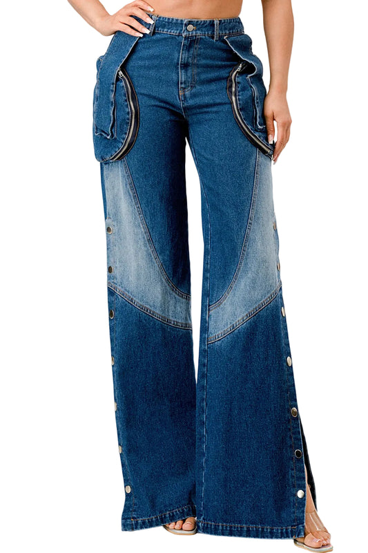 Wide-leg blue jeans with button details on a white background