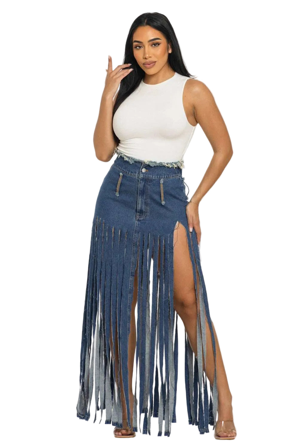 Cochella Bohemian Rhapsody Fringe Denim Skirt