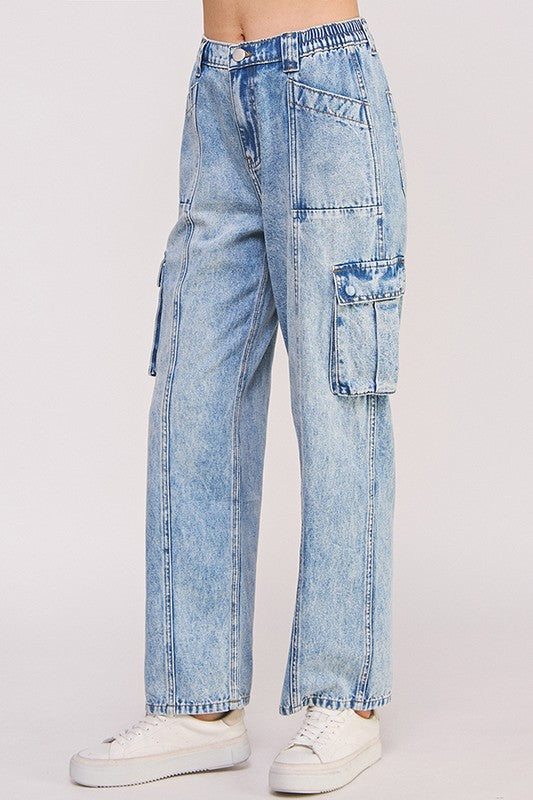 High Waisted Baggy Denim Cargo Ankle Length Denim