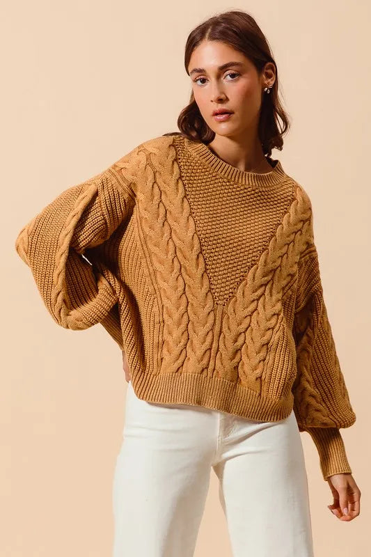 Mineral Washed Loose Fit Textured Cable Sweater.