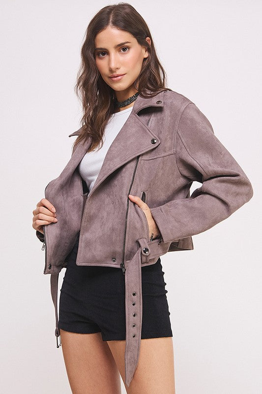 Belted Suede Moto Style Jacket