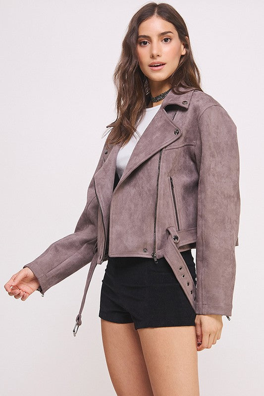 Belted Suede Moto Style Jacket