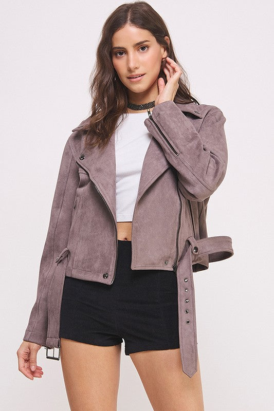 Belted Suede Moto Style Jacket