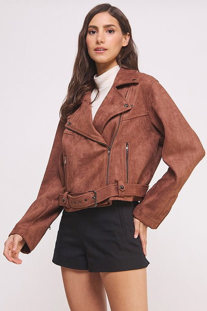 Belted Suede Moto Style Jacket