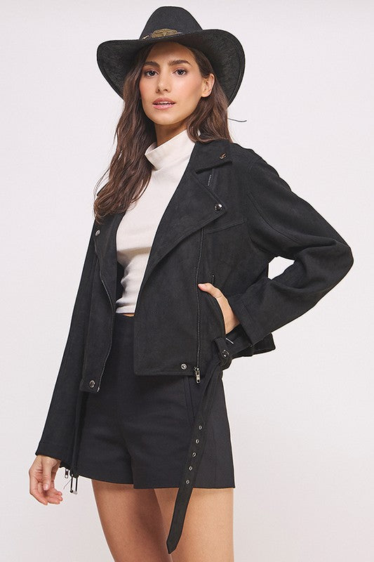 Belted Suede Moto Style Jacket