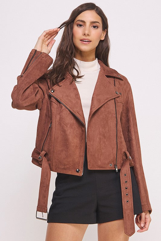 Belted Suede Moto Style Jacket