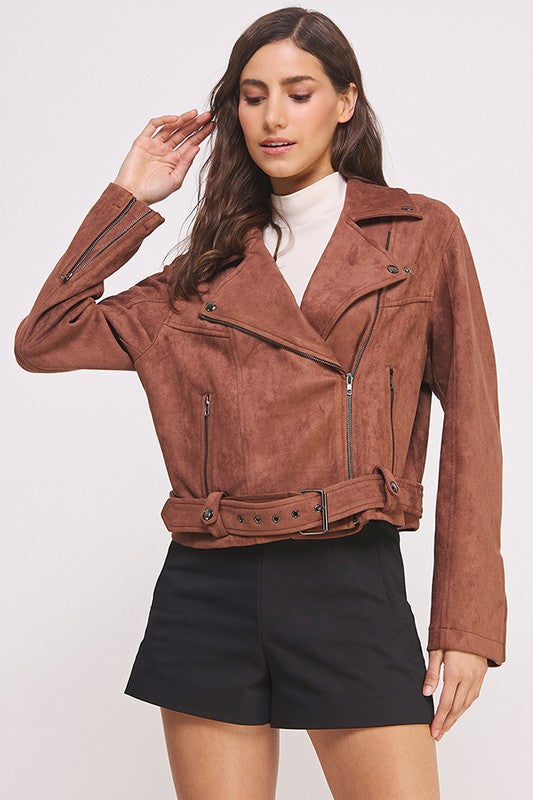 Belted Suede Moto Style Jacket