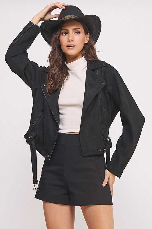 Belted Suede Moto Style Jacket