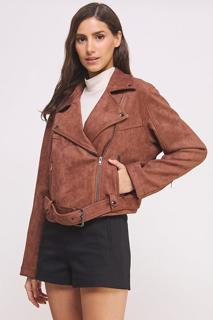 Belted Suede Moto Style Jacket