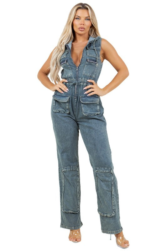 Denim Cargo Jumpsuit