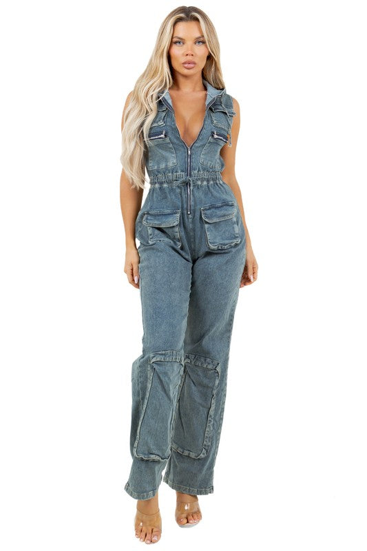 Denim Cargo Jumpsuit