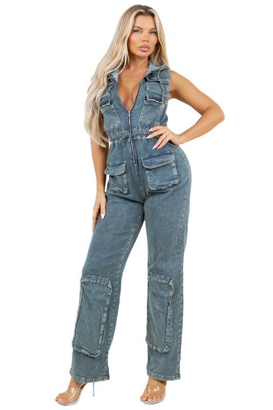 Denim Cargo Jumpsuit