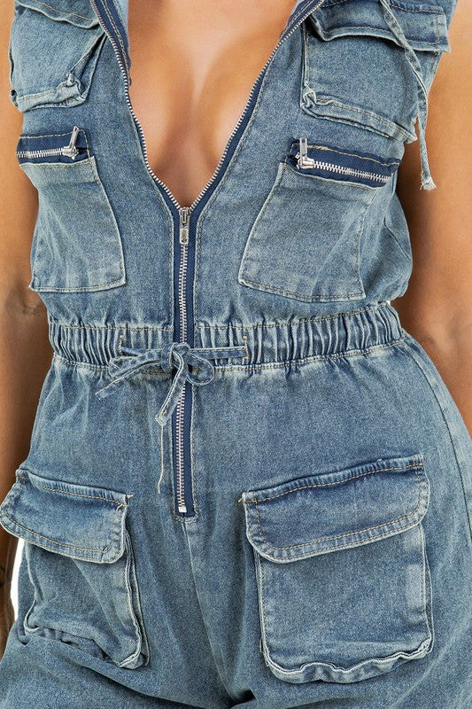 Denim Cargo Jumpsuit