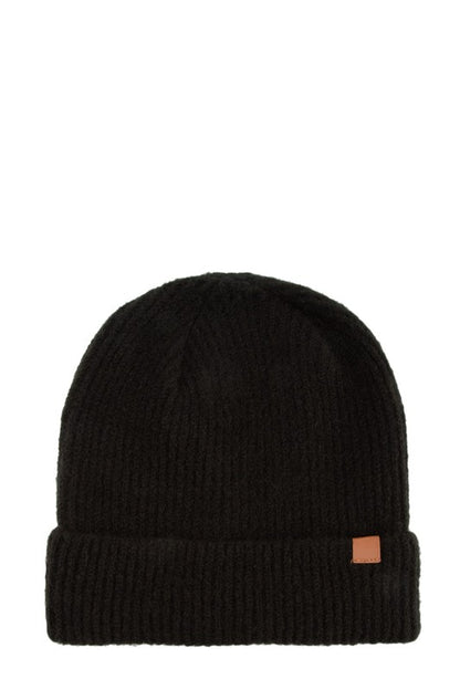 Solid Rib Beanie with Leather Tab