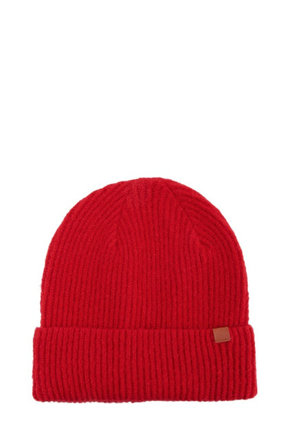 Solid Rib Beanie with Leather Tab