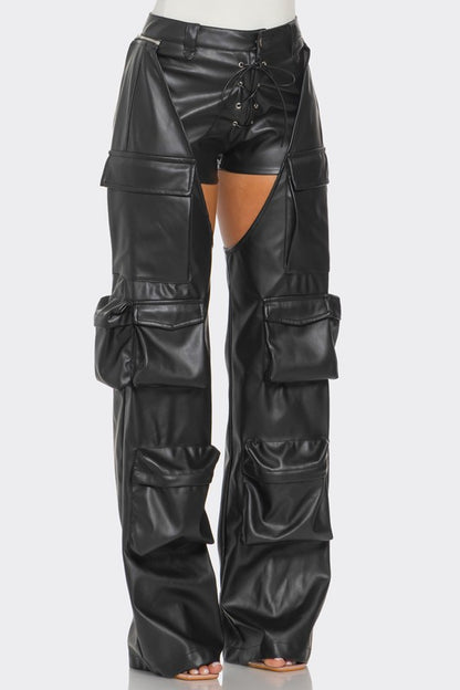 Cut Out Leather Cargo Pants