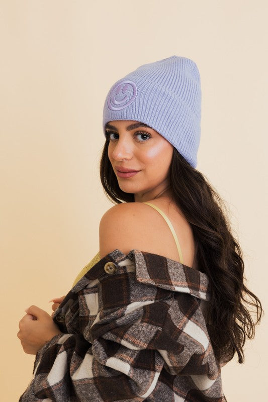 Happy Face Embroidered Ribbed Knit Beanie