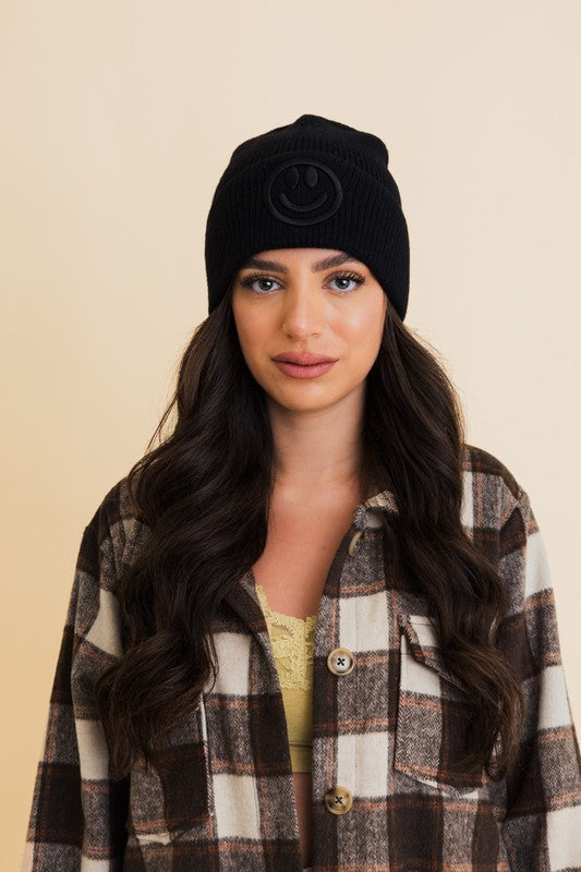 Happy Face Embroidered Ribbed Knit Beanie